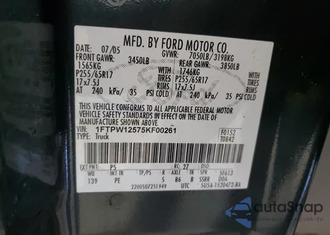 2005 Ford F150 Supercrew from USA, damaged, VIN 1FTPW12575KF00261